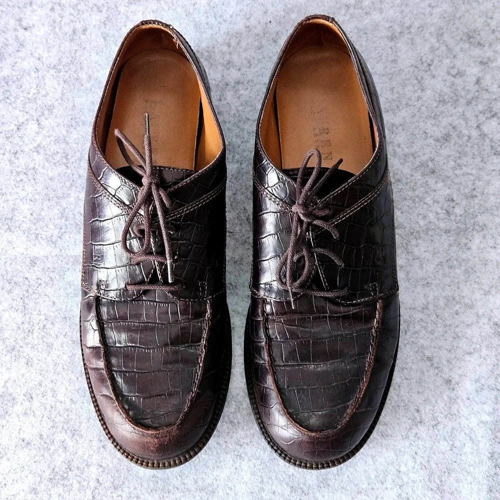 Lauren‎ Ralph Lauren Mens Dark Brown Croc Embossed Leather Apron Toe Oxfords 7.5